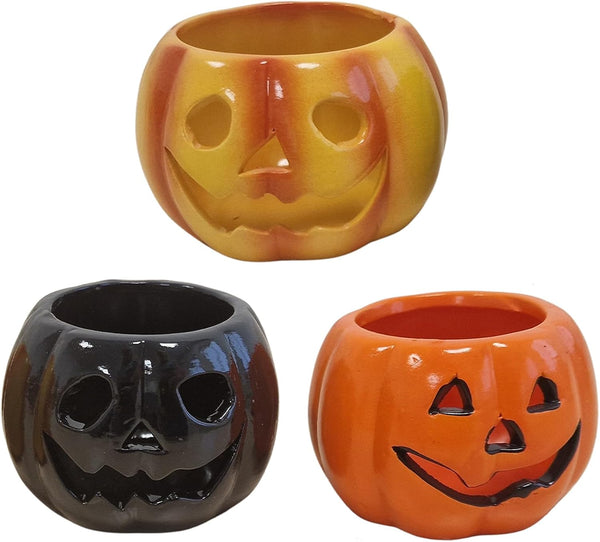 3er Set Halloween Kürbis Teelichthalter Keramik 6,5 cm  3 Designs in Orange Schwarz Gelb-Orange, Deko Kürbisse für Herbst und Halloween Party