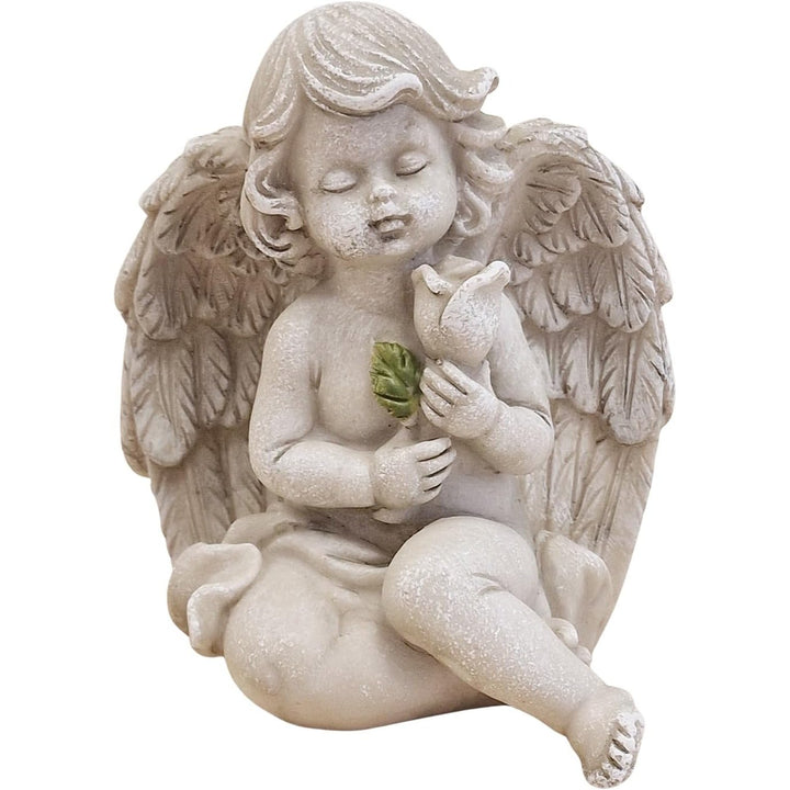 Grabengel sitzend mit Rose grau 9,5x8x12 cm aus Poly, Grabdekoration für Friedhof & Gedenkstätten - Foto 1