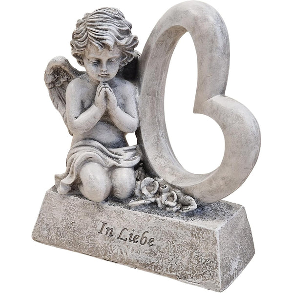 Grabengel mit Herz und Rosen "In Liebe" grau 18x8x19 cm aus Polyresin, Grabdekoration für würdige Gedenkplätze - Foto 1