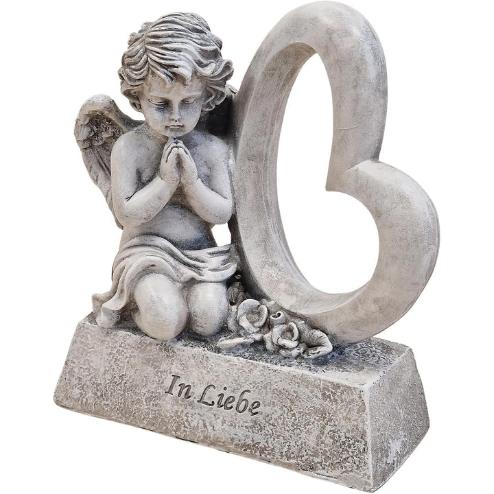 Grabengel mit Herz und Rosen "In Liebe" grau 18x8x19 cm aus Polyresin, Grabdekoration für würdige Gedenkplätze - Foto 1