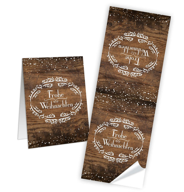 100 Weihnachtsaufkleber Geschenk-Aufkleber FROHE WEIHNACHTEN braun weiß Holz-Optik rustikal 5 x 14,8 cm - Verpackung Geschenke Papiertüten zukleben Sticker Banderolen alt vintage