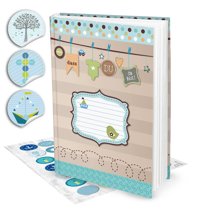 Leeres blau türkis grün XXL Babytagebuch Junge Baby Tagebuch + 35 Aufkleber Erstes Jahr SCHÖN DASS DU DA BIST Buch Babybuch Geschenk Eltern Geburt Kindertagebuch DIN A4 - Foto 1