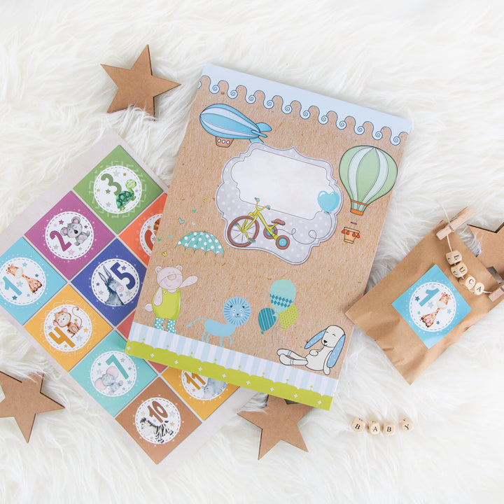 Leeres blau türkis grün XXL Babytagebuch Junge Baby Tagebuch + 35 Aufkleber Erstes Jahr SCHÖN DASS DU DA BIST Buch Babybuch Geschenk Eltern Geburt Kindertagebuch DIN A4 - Foto 4