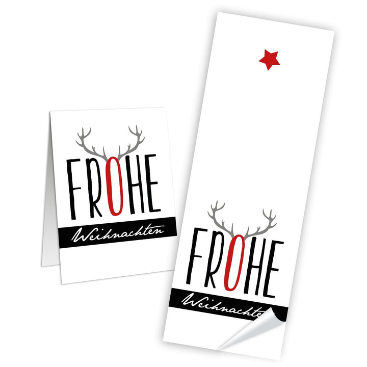 Weiße Aufkleber FROHE WEIHNACHTEN Rentier Hirsch 100 Stück 5 x 14,8 cm rot schwarz - Foto 1