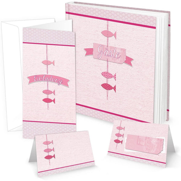 SET 20 Personen: 1 Gästebuch, 10 Stück Einladungen mit Kuvert + 25 Tischkarten rosa pink rose 3 Fische Kommunion Taufe Kindergeburtstag Geburtstag Firmung Tischdeko Namensschilder Geschenk - Foto 1