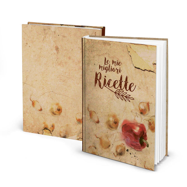 Italienisches Kochbuch Rezeptbuch zum Selberschreiben LE MIE MIGLIORI RICETTE Blankobuch Rezepte sammeln Eigenes Kochbuch leeres Buch DIN A5 vintage Paprika Zwiebel beige - Foto 1