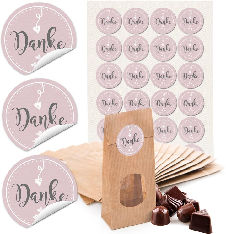 24 kleine weiße Kekstüten Plätzchentüten Papiertüten zum Befüllen 7 x 4 x 20,5 cm + 24 runde Aufkleber 4 cm in grün weiß mit Herz auf Holz DANKE-SCHÖN - Verpackung für Gastgeschenke