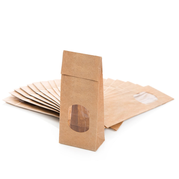 Logbuch-Verlag 100 braune Blockbodenbeutel Papiertüten FENSTER 7 x 4 x 20,5 cm mit Folieneinlage lebensmittelecht Verpackung Kraftpapier Teetüten Kekse Pralinen