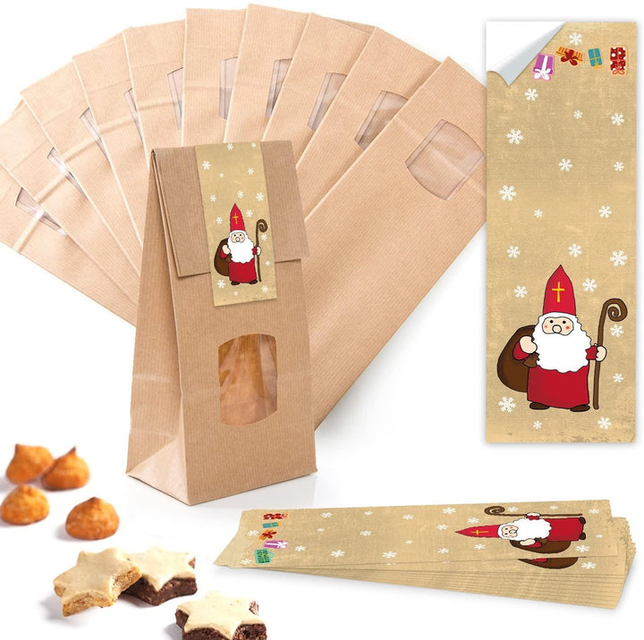 10 Weihnachtstüten (10,5 x 6,5 x 29 cm) mit FENSTER lebensmittelecht + 24 weihnachtliche Aufkleber mit 4 cm Durchmesser