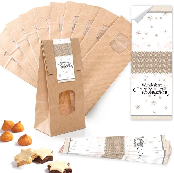 Braune Weihnachtstüten mit Sichtfenster + Aufkleber – 10,5 x 29 cm – verschiedene Motive