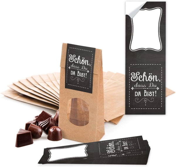 Braune Papiertüten mit Sichtfenster + lange Aufkleber – 7 x 4 x 20,5 cm – Geschenkverpackung