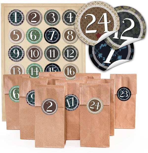 Set: 24 Adventskalendertüten Braun als Plätzchentüten + 24 Zahlen Aufkleber – 7 x 4 x 20,5 cm