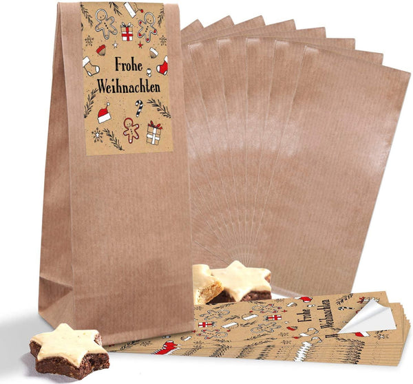 Logbuch-Verlag 24 Kreuzbodenbeutel Papiertüten braun 10,7 x 22 x 4,2 cm + 24 Aufkleber VIEL GLÜCK Sticker Kleeblatt Herzen schwarz Give-Away Geschenk z. Prüfung Silvester Neujahr