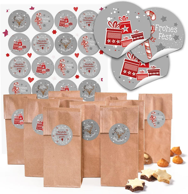 10 braune Kekstüten Pralinentüten Gebäcktüten Papiertüten mit Boden + Pergamin 7 x 4 x 20,5 cm + 17 beige hell-blau graue shabby Weihnachts-Etiketten Geschenk-Aufkleber von 4 bis 6,5 cm (14132)