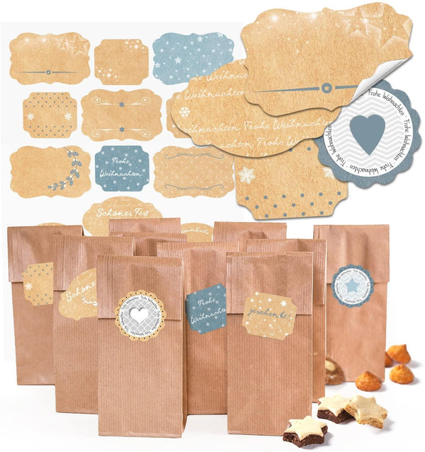 25 kleine LEBKUCHENMANN Papiertüte braun Boden-Beutel mit Pergamin-Einlage 7 x 4 x 20,5 cm + 25 Weihnachts-Aufkleber rot schwarz beige weiß Kraftpapier weihnachtliche Verpackung Geschenk