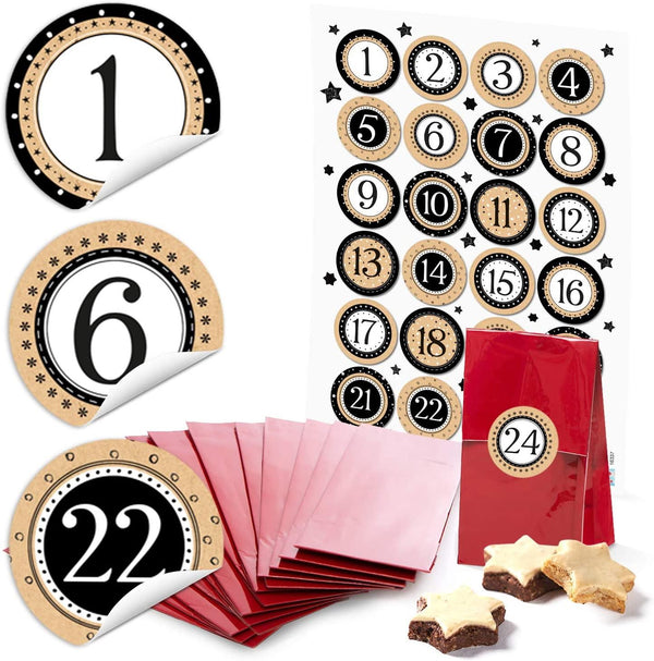 Set: 24 rote Adventskalender-Tüten + Zahlenaufkleber – 7 x 4 x 20,5 cm
