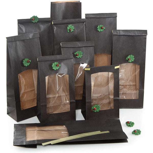 10 schwarze Geschenktüten mit Sichtfenster schwarz + Kleeblätter grün zum Kleben - Foto 1