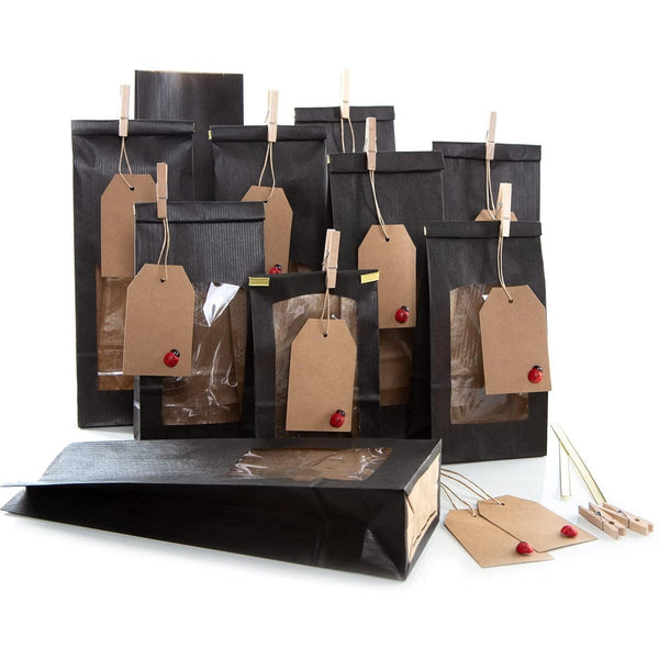 10 lebensmittelechte Tüten schwarz mit Fenster + Anhänger aus Kraftpapier mit Marienkäfer - Foto 1