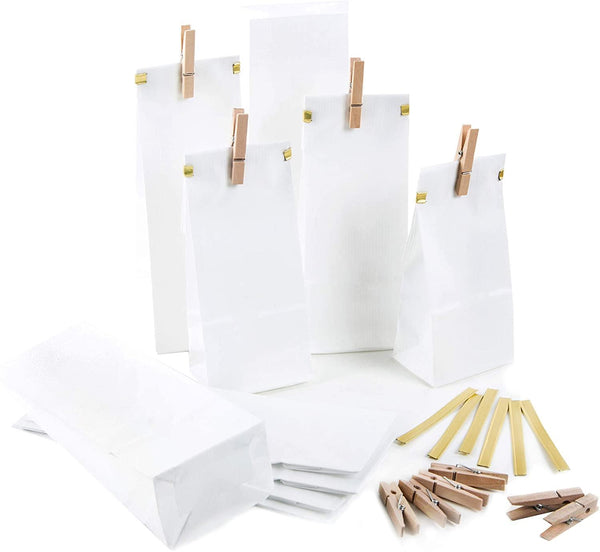 Logbuch-Verlag 10 kleine weiße Papiertüten mit Sichtfenster + Verschluss Papierbeutel mit Boden lebensmittelecht 7 x 4 x 20,5 cm Blockbodenbeutel