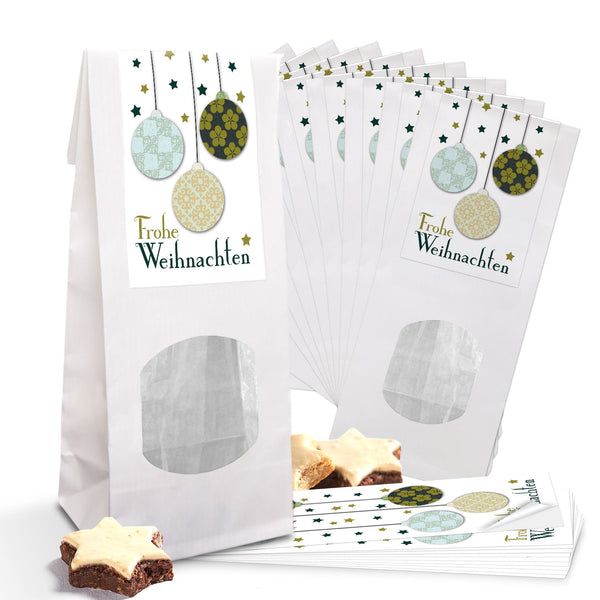 Weiße Papiertüte mit Sichtfenster 8 x 5 x 24,5 cm – Geschenk-Tasche für Plätzchen & Gebäck mit „Frohe Weihnachten“-Aufkleber
