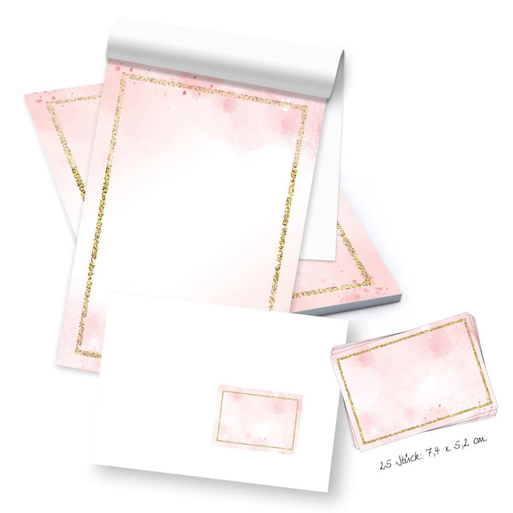 Logbuch-Verlag kleiner Schreibblock DIN A5 rosa grün mit 50 Blatt + 25 Briefumschläge + Etiketten - Briefpapier Block zum Schreiben & Basteln für Kinder