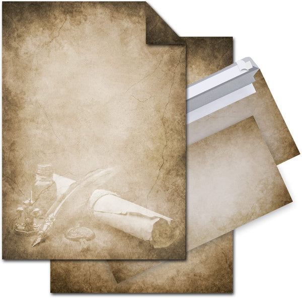 SET 50 Blatt Briefpapier VINTAGE FÜLLER PAPIERROLLE beidseitig bedruckt 100g DIN A4 Brief-Bogen + 50 Stück nostalgie Umschlag antik altes Papier braun beige natur marmoriert