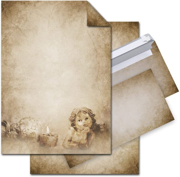 SET 12 Blatt Briefpapier VINTAGE PUSTEBLUME beidseitig bedruckt 100g DIN A4 Brief-Bogen + 10 Stück braun beige natur nostalgie Umschlag altes Papier marmoriert