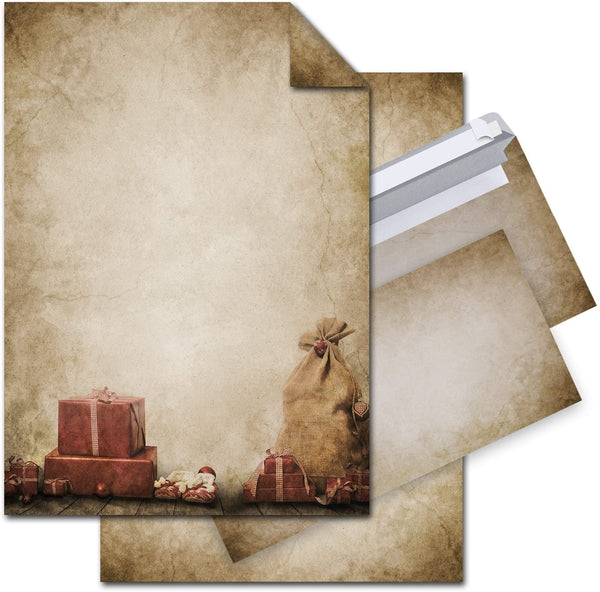 SET 100 Blatt Briefpapier VINTAGE beidseitig bedruckt 100g DIN A4 Brief-Bogen + 100 Stück nostalgie Umschlag Kuvert DIN Lang antik alt vintage rustikal natur braun beige