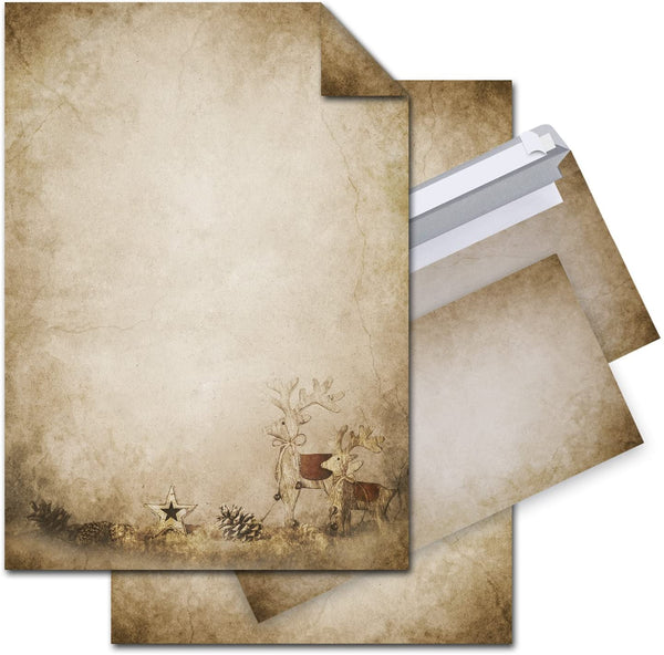 SET 50 Blatt Weihnachts-Briefpapier VINTAGE RENTIER HIRSCH 100g Weihnachts-PAPIER DIN A4 Brief-Bogen + 50 marmoriert vintage natur rot braun alt beige
