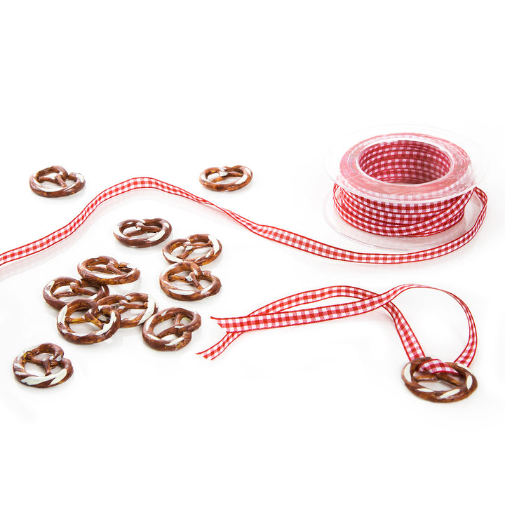 Logbuch-Verlag 24 Brezel Geschenkanhänger bayerische Deko Trachtenschmuck Halskette Halsschmuck BREZE + rot weiße Baumwoll Kordel Bayern Oktoberfest