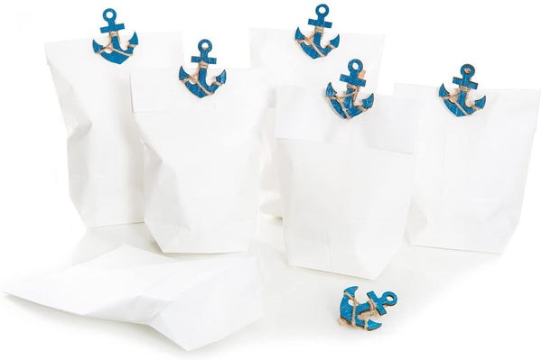 Set: 6 Stück Papiertüten braun 14 x 22 x 5,6 cm Tüten für Gäste und Kunden + 6 blaue maritime Holz-Fische Deko-Klammern Zierklammern Wäscheklammern Fischklammern mit 5 x 2,7 cm give-away
