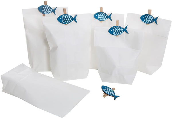 Set: 6 Stück kleine weiße Papiertüten 7 x 4 x 20,5 cm + 6 blaue maritime Schiffs-ANKER Zierklammern Deko-Klammern mit 5,5 x 4,5 cm Geschenktüten Geburtstagstüten Tütchen für give-aways