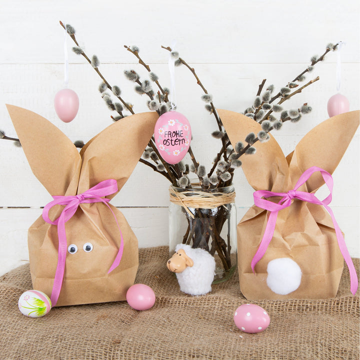 10 Stück braune natürlich lustige Osterhasen Hasen Papiertüten + pink rosa Baumwollband – Alternative zum Osternest f. Kinder + Erwachsene give-away Mitgebsel Verpackung Geschenke zu Ostern - Foto 2