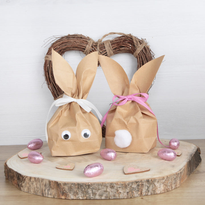 5 Stück braune natürlich lustige Osterhasen Hasen Papiertüten + pink rosa Baumwollband – Alternative zum Osternest f. Kinder + Erwachsene give-away Mitgebsel Verpackung Geschenke zu Ostern - Foto 5