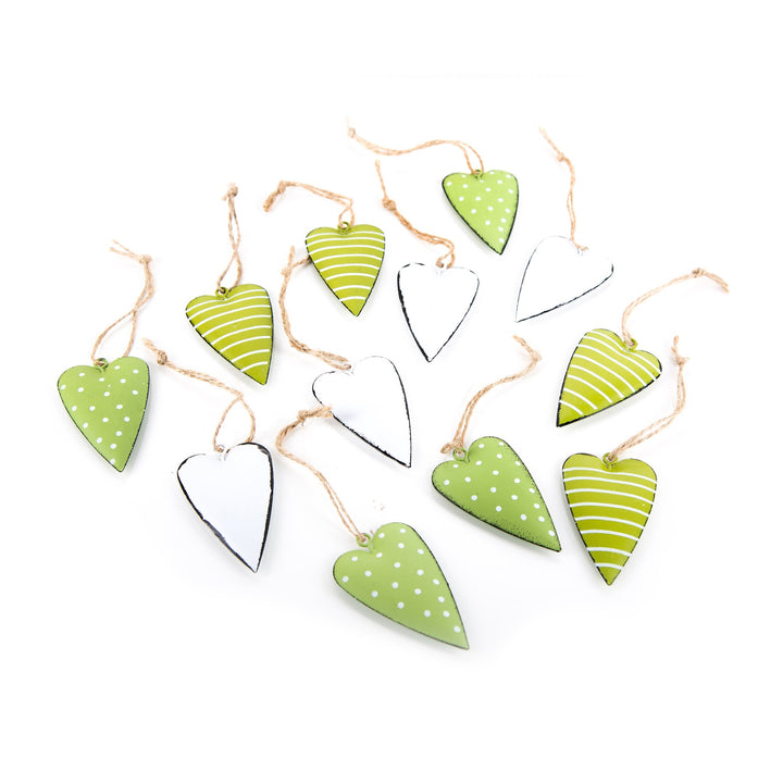 Herzanhänger aus Metall in hellgrün und weiß 7 cm - gestreift & gepunktet - Herzen zum Aufhängen 12 Stück - Foto 2
