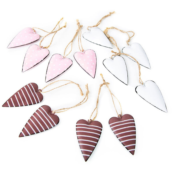 Herzanhänger aus Metall dunkelrot weiß rosa gepunktet & gestreift - 12 Stück - Foto 1