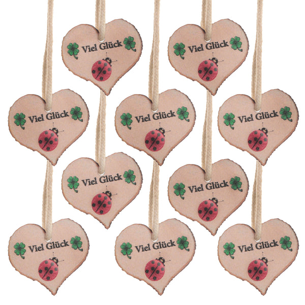 10 Geschenkanhänger aus Holz - Herz mit Text VIEL GLÜCK mit Kleeblatt Marienkäfer als Glücksbringer - Foto 1