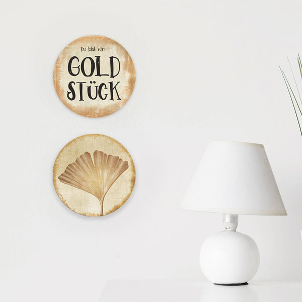Wanddeko Bilder Set Du bist ein Goldstück + Ginkgo 31 cm gold beige glänzend aus Alu Dibond - Foto 1