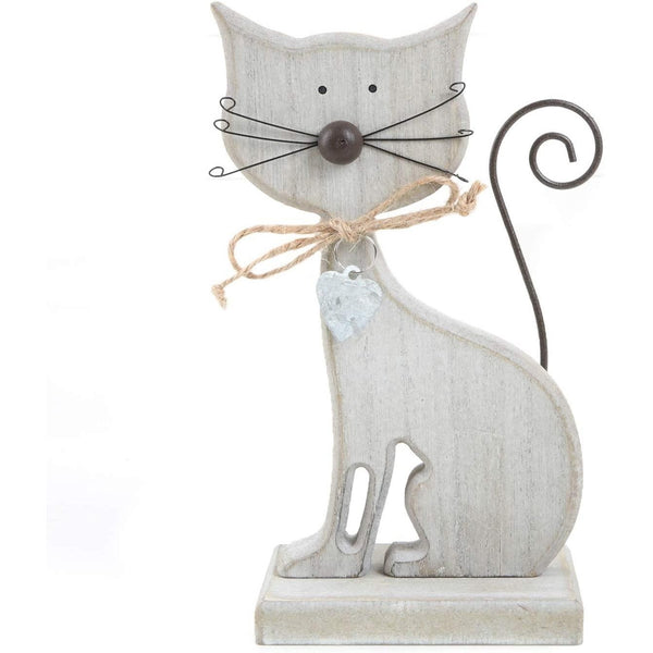 Katze Dekofigur aus Holz - 18 cm - in grau Natur - mit Schwanz und Schnurrhaaren - Foto 1