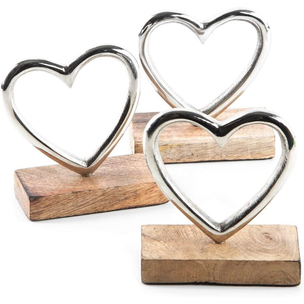 3 Metallherzen auf Holzsockel zum Hinstellen - 10 cm - Deko Herzen als Geschenk an Muttertag Valentinstag - Foto 1