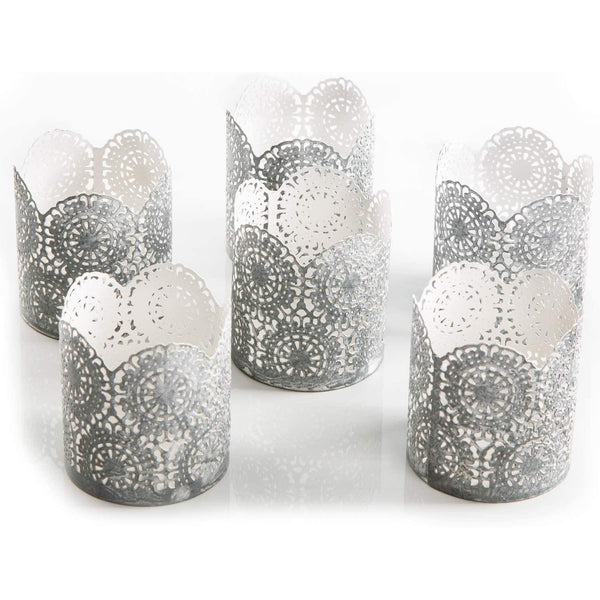 6 Teelichthalter aus Metall grau weiß Shabby chic - Durchbrochene Windlichthalter als Deko Geschenk - Foto 1