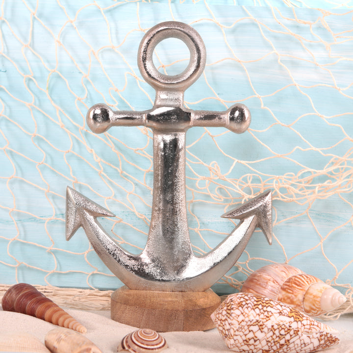Kleiner Deko Anker zum Hinstellen aus Metall auf Holzsockel - silberfarben 18 cm - Foto 2