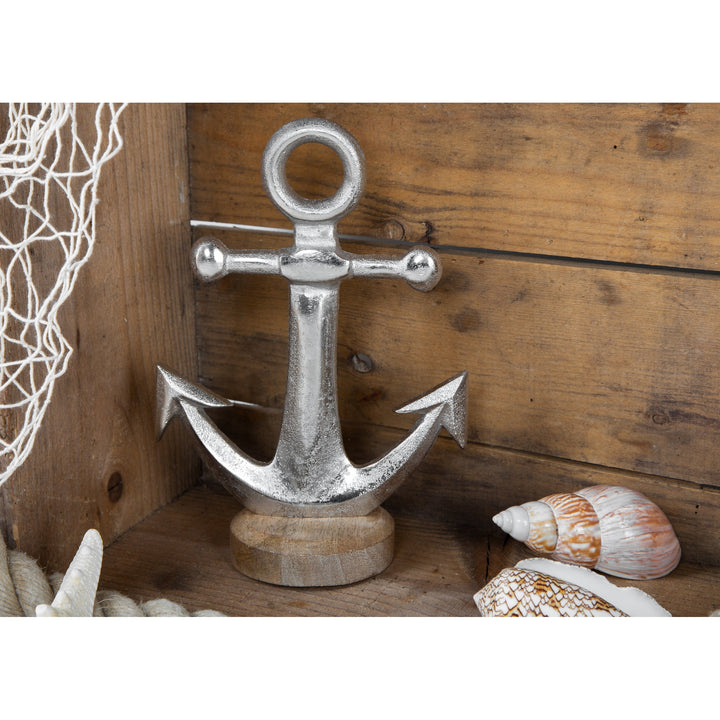 Kleiner Deko Anker zum Hinstellen aus Metall auf Holzsockel - silberfarben 18 cm - Foto 3