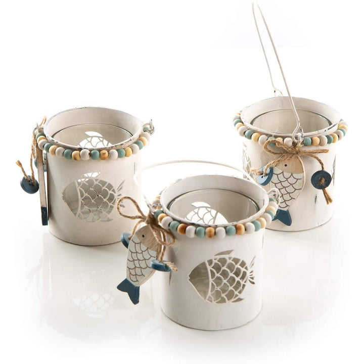 3 Maritime Teelichthalter aus Metall + Glas mit Holzfisch - kleine Windlichter mit Henkel als Deko - Foto 1