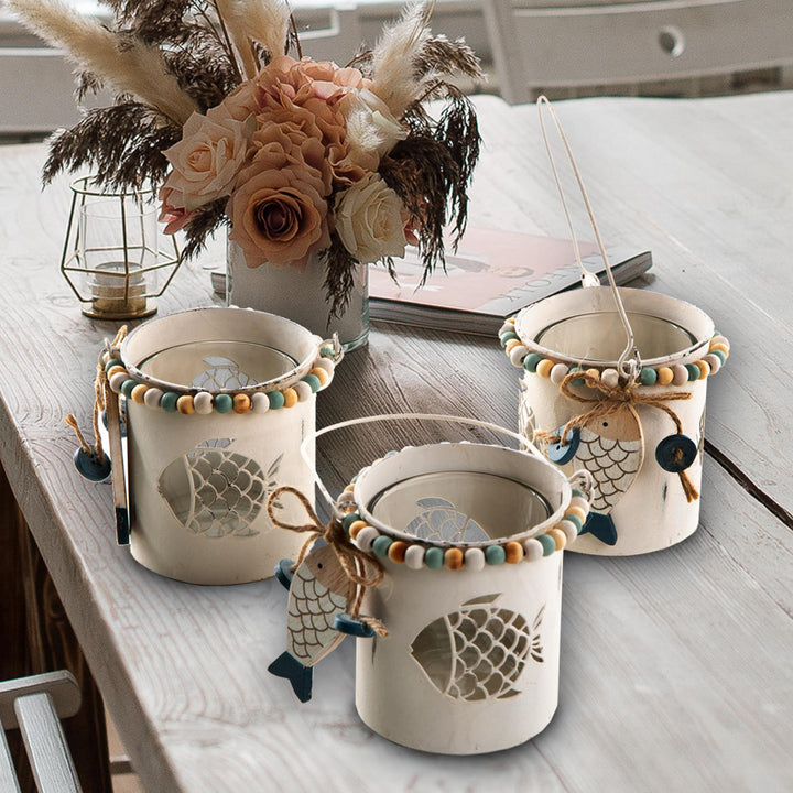 3 Maritime Teelichthalter aus Metall + Glas mit Holzfisch - kleine Windlichter mit Henkel als Deko - Foto 2
