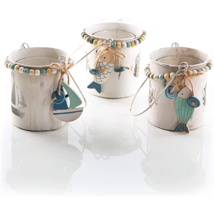 3 maritime Windlichter aus Metall und Glas - Fische + Segelboot - Foto 1