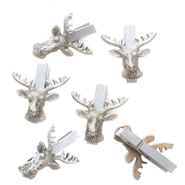 12 Stück kleine gold farbene Hirsch Dekoklammern Geweih jagdlich Zierklammern Hirschkopf Jagd Weihnachten Dekoration mini Wäscheklammern Holzklammern Deko Klammern für alle Feste - edel