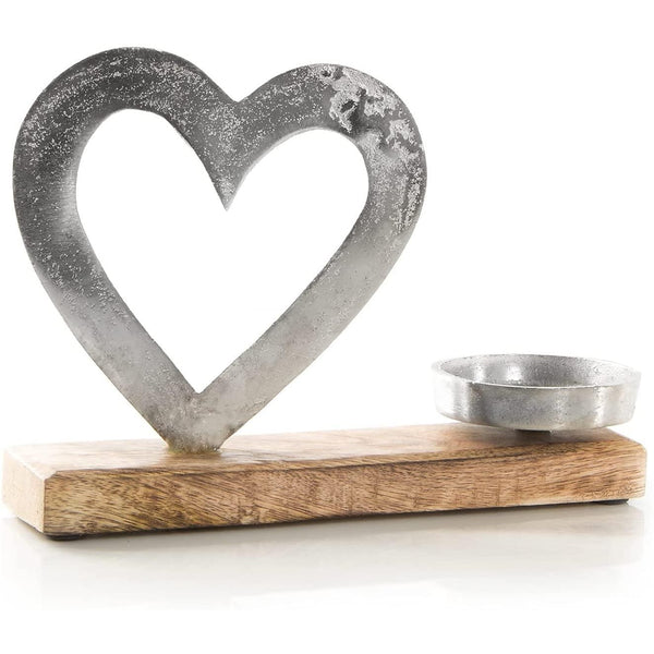 Kerzenhalter mit Herz Figur - modernes Dekoobjekt Silber braun aus Metall & Holz - Foto 1