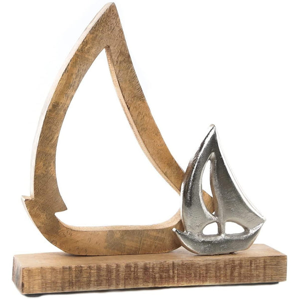 Segelboote Figur aus Holz & Metall – 2 Segelschiffe auf Holzsockel braun silber - Foto 1