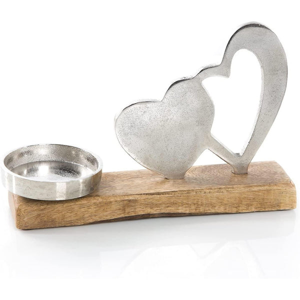 Kerzenhalter aus Metall und Holz - Herz Kerzenständer Silber braun - Foto 1
